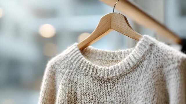 Cozy knit sweater hanging in a warm, well-lit store, showcasing autumn fashion trends
