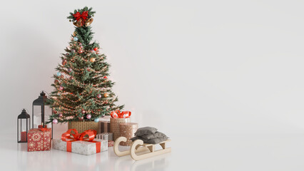 Christmas Tree with Gifts and Holiday Decorations on White Background