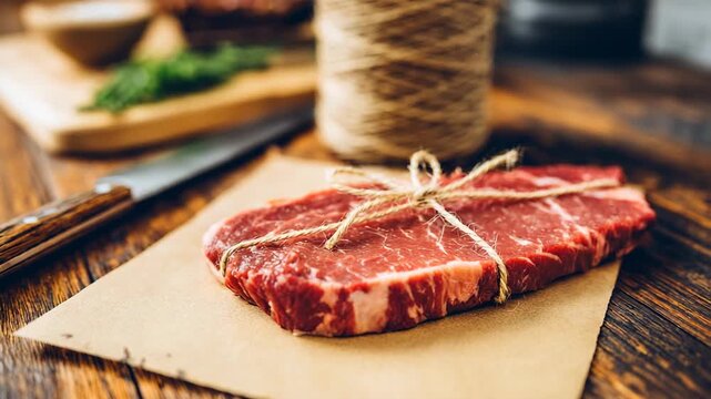 Steak wrapped in twine on wood table with knife and herbs in kitchen setting
