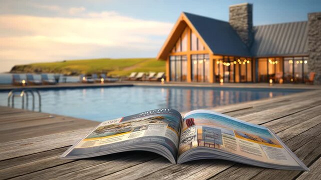 Relaxing afternoon by the pool at a beautiful lodge with a travel magazine open on the table