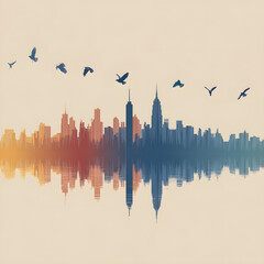 city skyline in the sunset isolated on beige background 