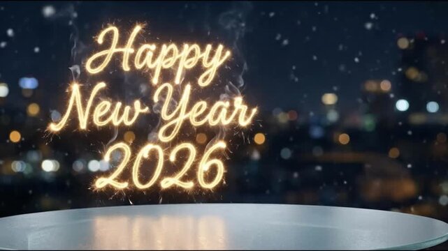This dynamic stock video features a shimmering animation of "Happy New Year" text, prominently displaying the year "2026." The letters glow with a vibrant, golden sparkler effect, complete with realis