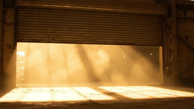 Industrial roller shutter door opening slowly in dark warehouse revealing bright sunbeams through dusty air for opportunity concept and cinematic light