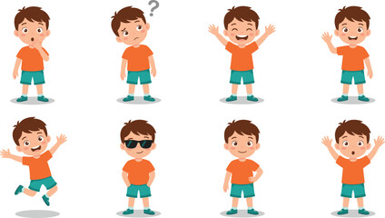 Cute Little Boy Cartoon Character Vector Collection: Diverse Poses, Expressing Happiness, Surprise, Confusion, and Fun, Isolated on White Background