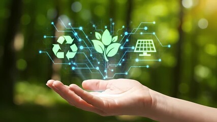Human hand holding glowing digital interface with green eco icons against nature background for environmental technology concept and sustainable energy solutions - Powered by Adobe