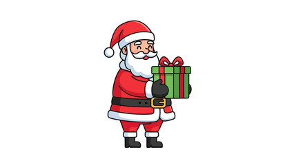 A cartoon illustration of Santa Claus holding a green gift box with a red ribbon.