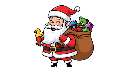 Cartoon Santa Claus holding a sack of toys and a rubber duck.