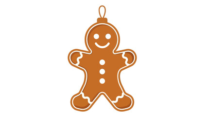 A cute gingerbread man cookie with white icing details, hanging as a festive Christmas ornament on a white background.