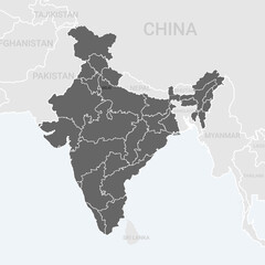 India map with state boundaries. Blank grey contour isolated on white. Vector illustration of indian map.