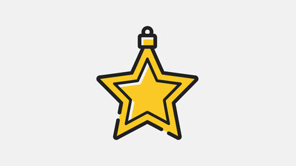 A yellow star Christmas ornament with a black outline hangs from a loop.