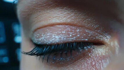 Female eye blinking with futuristic digital circuit overlay and glowing blue data for artificial intelligence concept and vision technology - Powered by Adobe