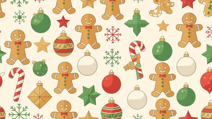 Festive Christmas pattern with gingerbread men, ornaments, stars, and snowflakes on a cream background.