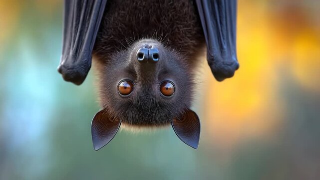 Unique close-up of a bat hanging upside down in a natural setting during daylight hours