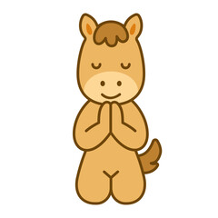 正座をして手を合わせる馬の可愛いイラスト（祈り・感謝・干支・お正月・いただきます）
