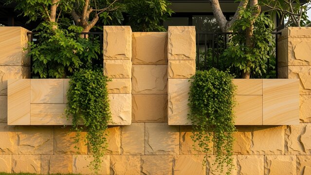 A natural stone wall with integrated plant boxes. The cascading green plants add an organic touch to the rugged stone texture, creating a harmonious blend of nature and architecture.