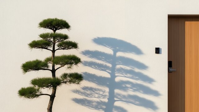 Modern minimalist exterior wall with clean surface showing tree shadow beside a wooden door.  
