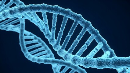 Detailed 3D rendering of a DNA double helix structure against a dark background.