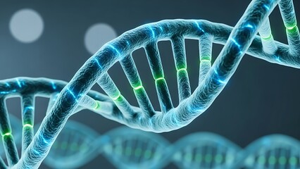Detailed DNA double helix structure with blue and green hues.