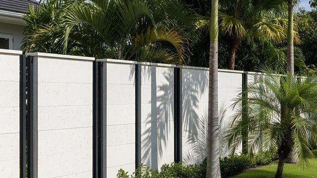 Modern tropical garden wall with white concrete panels, black details, and palm trees around the fence.  
