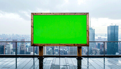 Blank green screen billboard with wooden frame on a modern rooftop terrace overlooking a sprawling urban cityscape under an overcast sky.