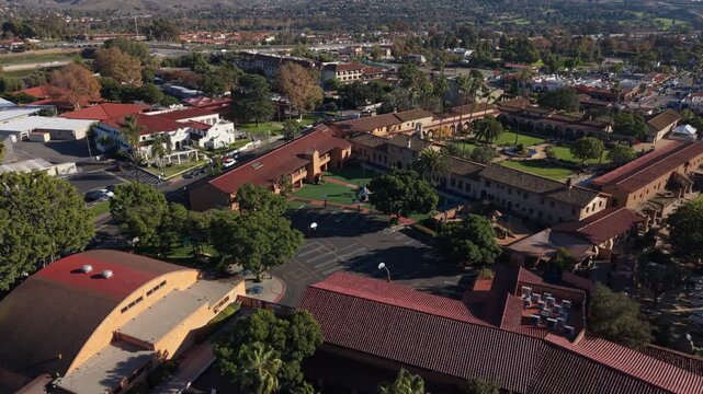 overhead view of San Juan Capistrano Mission flying backwards over church