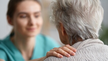 Supportive healthcare worker comforting elderly woman at home providing assistance