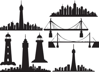 City and Urban Building Silhouettes on White Background Vector Fully Editable Smart Object Text Effect