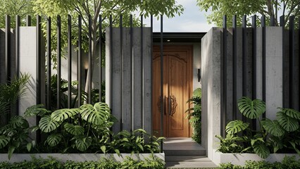 Contemporary tropical home entrance featuring a wooden door framed by concrete walls and lush green plants.  
