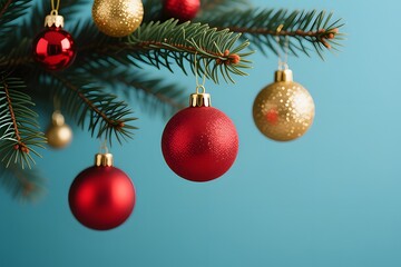 Festive red and gold Christmas ornaments hang gracefully from vibrant green pine branches against a serene, light blue background creating a holiday mood.