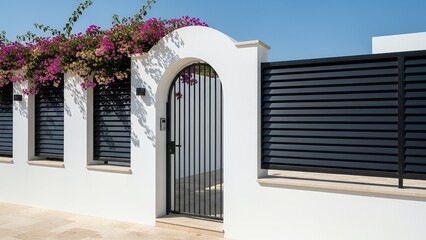 Mediterranean style white wall with black metal gate and blooming pink flowers under bright sunlight.  
