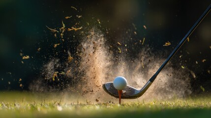 Golf club striking ball on tee with dynamic impact, grass flying, showing power, precision, sport action, motion, energy and focus in a detailed outdoor athletic moment