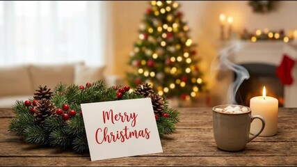 This video showcases a cozy holiday scene with a festive wreath, a "Merry Christmas" card, a steaming mug of hot cocoa with marshmallows, and a lit candle, all set against a blurred background of a de - Powered by Adobe