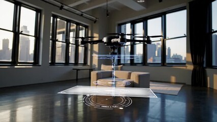 Drone providing a home delivery service, hovering over a smart rug displaying holographic interface for package drop off in a modern loft apartment with urban city views - Powered by Adobe