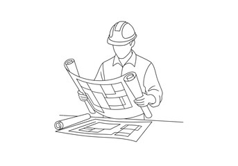 Architect Inspecting Blueprint Plans Wearing a Hard Hat