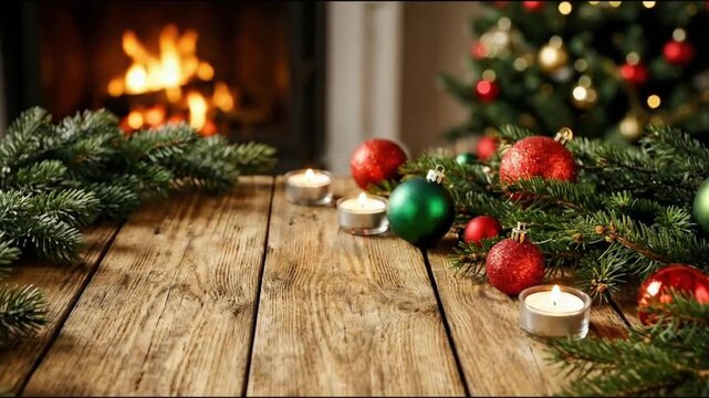 This warm and inviting scene showcases a rustic wooden table foreground, artfully decorated with vibrant evergreen branches, glossy red and green spherical ornaments, and soft flickering tealight cand