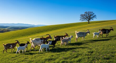 Goats Grazing on a Lush Green Hillside Under a Blue Sky.