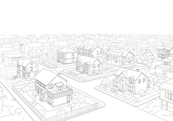 Architectural Drawing of a Suburban Neighborhood with Detached Houses and Trees