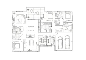 Detailed Architectural Floor Plan of a Modern Two-Story House with Garage and Outdoor Terrace