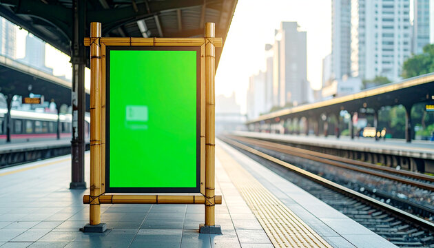Blank Green Screen Billboard with Bamboo Frame at City Train Station Platform, Urban Background - Powered by Adobe