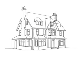 Detailed Line Art of a Two-Story House with Chimneys