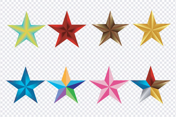 Colorful 3D Star Icon Set – Multicolor Five-Point Star Vector Collection on Transparent Background