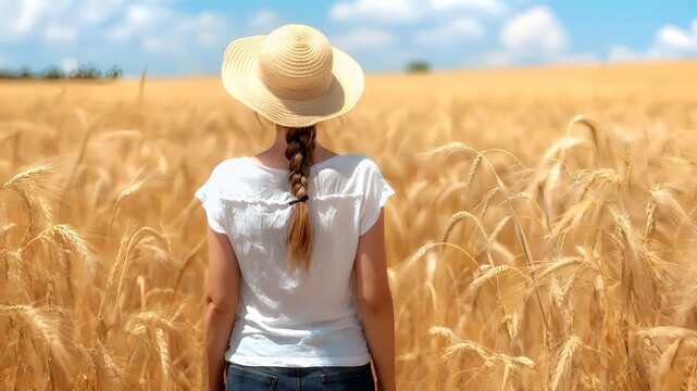 A woman in a straw hat stands amidst a golden wheat field, her back to the viewer. She wears a white blouse with ruffled detailing and a long, dark braid that cascades down her back.