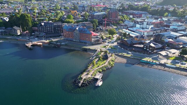 Puerto Varas, Chile: Aerial drone footage of Puerto Varas, town by banks of Lake Llanquihue in Lake District of Chile. Taken with orbit motion