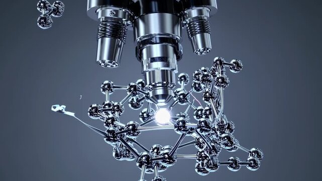 Futuristic microscope analyzing a complex molecular structure, highlighting advancements in nanotechnology with metallic probes interacting with glowing spheres
