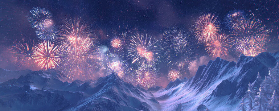Stunning winter wonderland scene with bright fireworks over snowy mountains, perfect for new year celebrations, holiday greetings, and festive background designs