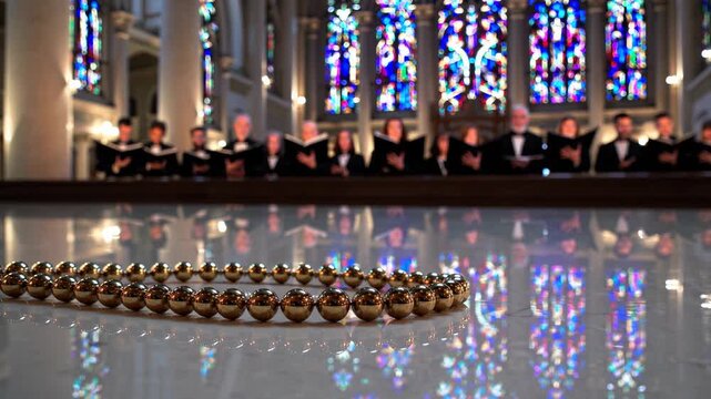 Vibrant surreal collage of choirs singing in a church with colorful stained glass and mirrored rows of handbells on reflective surfaces, blending music, light and repetition