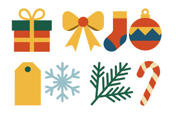 Fototapeta premium Geometric Holiday Icons. Holiday Gifts in geometric flat style wrapped present, ribbon bow, stocking, ornament, gift tag, snowflake, pine branch, candy cane
