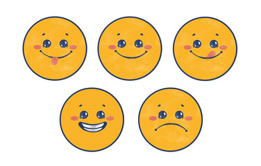 Cute Emoji Faces Set – Adorable Cartoon Emoticons with Different Expressions - — happy, silly, smiling, sad, and excited. Bright yellow smiley characters with hand-drawn textured style