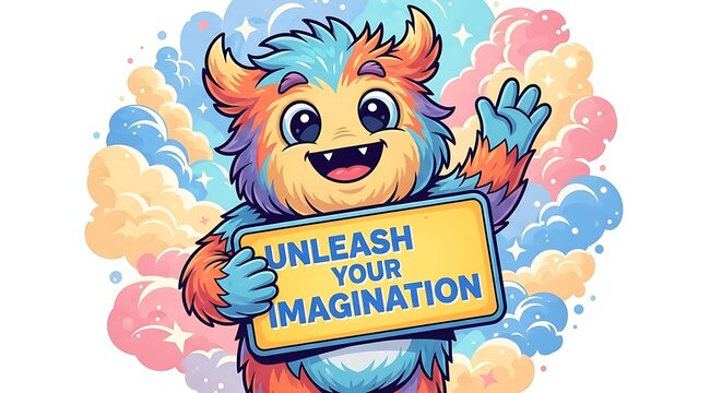 Whimsical Monster Encouraging Imagination with Colorful Clouds and Sign.