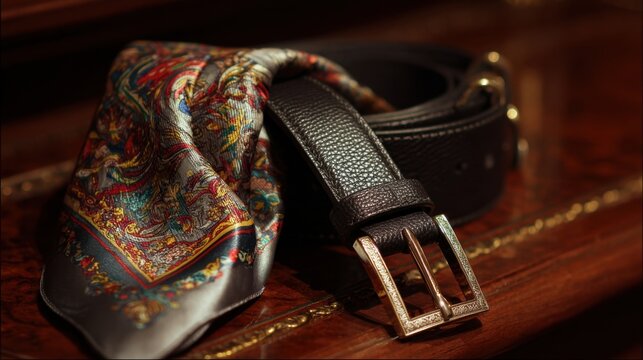 Elegant close-up of a textured black leather belt paired with an ornate silk scarf on a polished wooden surface. Perfect for luxury fashion ads, product catalogs, branding, or editorial style features - Powered by Adobe